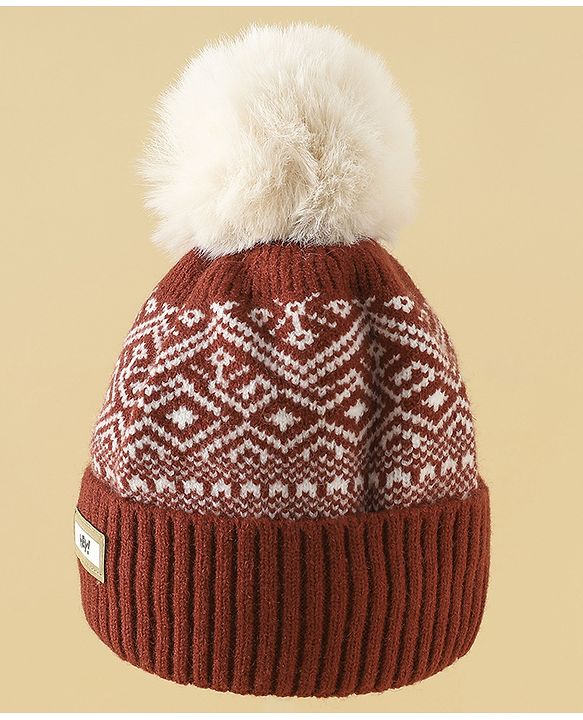 Pine Kids Woollen Cap Gloves & Muffler With Geometric Design in Brown- Diameter 18 cm