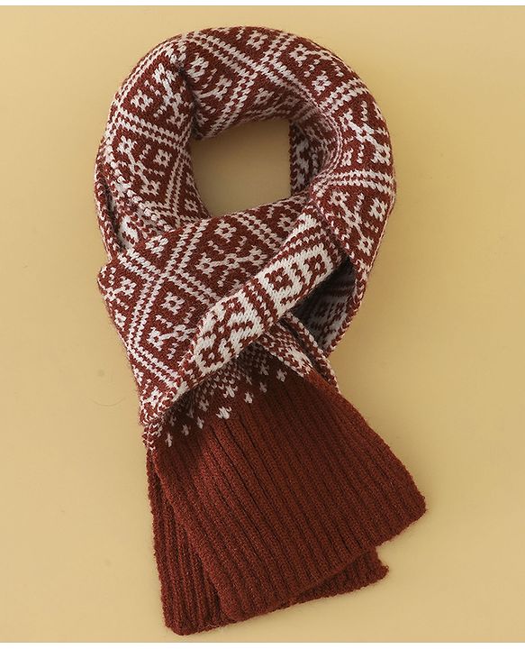 Pine Kids Woollen Cap Gloves & Muffler With Geometric Design in Brown- Diameter 18 cm