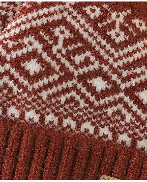 Pine Kids Woollen Cap Gloves & Muffler With Geometric Design in Brown- Diameter 18 cm