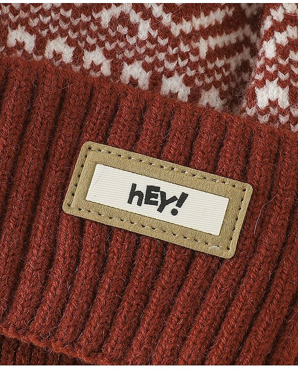 Pine Kids Woollen Cap Gloves & Muffler With Geometric Design in Brown- Diameter 18 cm