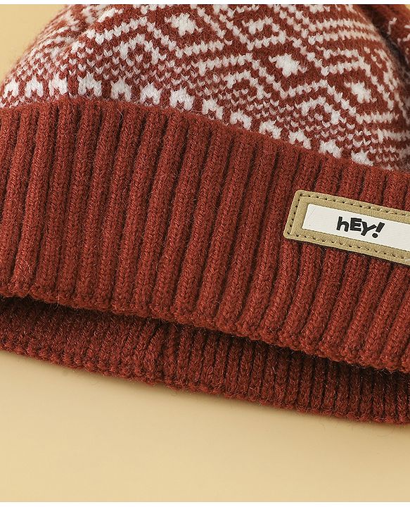 Pine Kids Woollen Cap Gloves & Muffler With Geometric Design in Brown- Diameter 18 cm