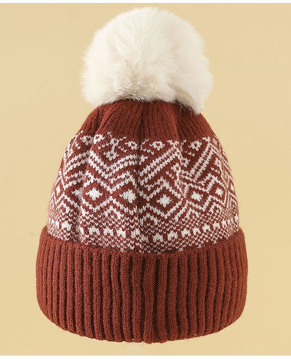 Pine Kids Woollen Cap Gloves & Muffler With Geometric Design in Brown- Diameter 18 cm