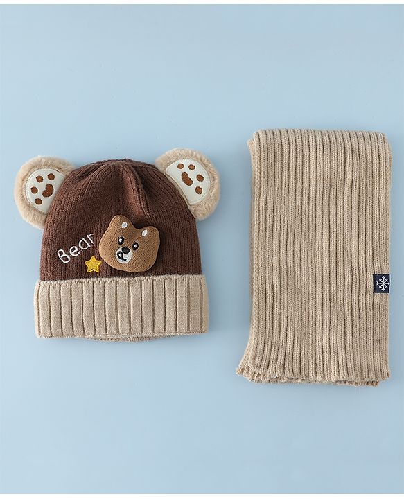 Babyhug Woollen Cap & Muffler Brown With Bear Applique in Brown - Diameter 18 cm