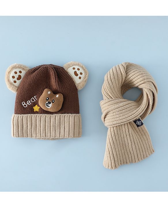 Babyhug Woollen Cap & Muffler Brown With Bear Applique in Brown - Diameter 18 cm
