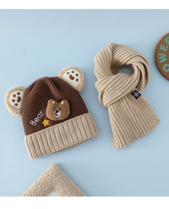 Babyhug Woollen Cap & Muffler Brown With Bear Applique in Brown - Diameter 18 cm