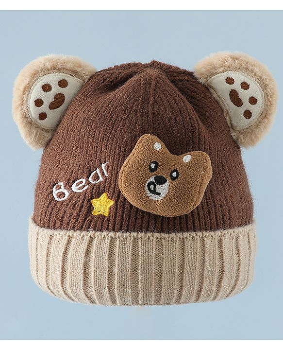 Babyhug Woollen Cap & Muffler Brown With Bear Applique in Brown - Diameter 18 cm