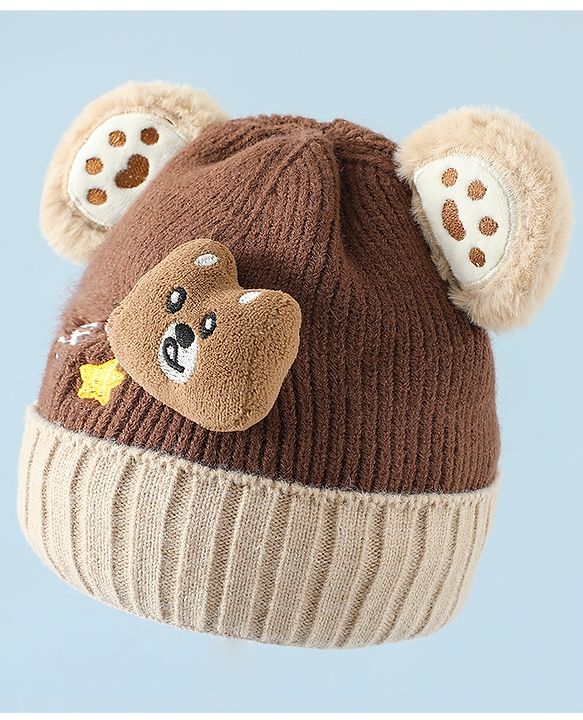 Babyhug Woollen Cap & Muffler Brown With Bear Applique in Brown - Diameter 18 cm