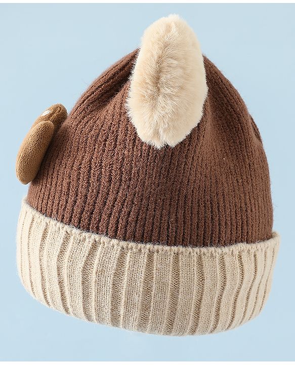 Babyhug Woollen Cap & Muffler Brown With Bear Applique in Brown - Diameter 18 cm
