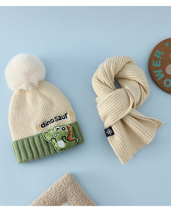 Babyhug Woollen Cap & Muffler With Dino Applique in White - Diameter 16.5 cm