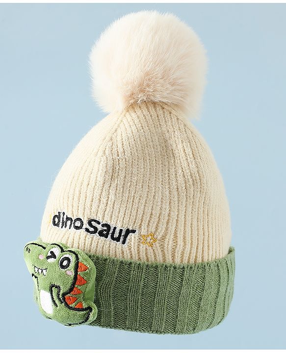 Babyhug Woollen Cap & Muffler With Dino Applique in White - Diameter 16.5 cm