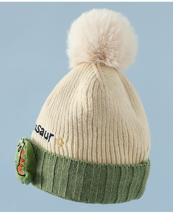 Babyhug Woollen Cap & Muffler With Dino Applique in White - Diameter 16.5 cm
