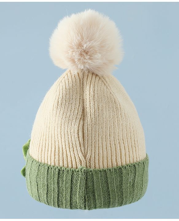 Babyhug Woollen Cap & Muffler With Dino Applique in White - Diameter 16.5 cm