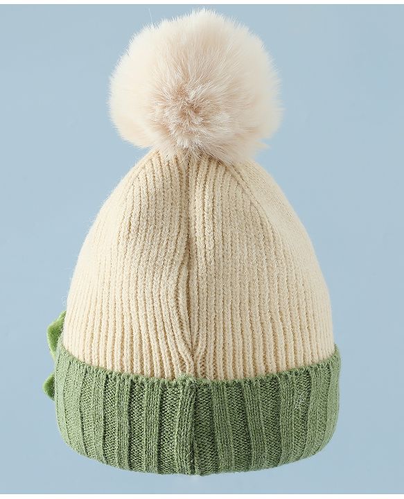 Babyhug Woollen Cap & Muffler With Dino Applique in White - Diameter 16.5 cm