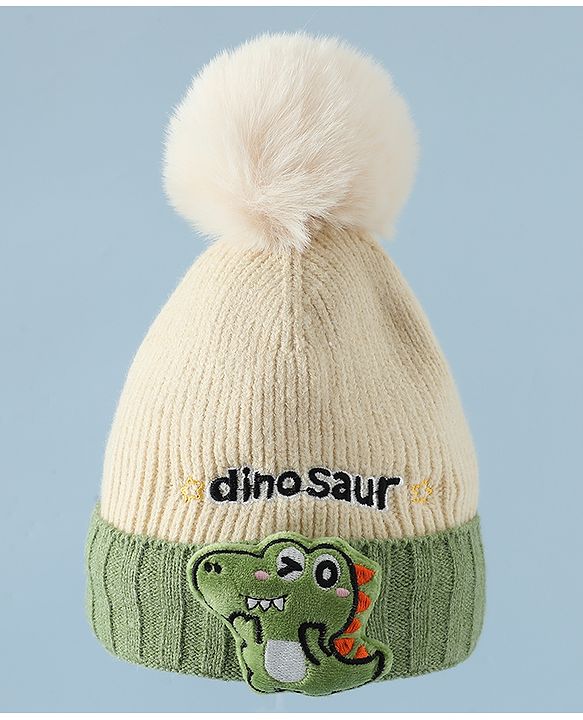 Babyhug Woollen Cap & Muffler With Dino Applique in White - Diameter 16.5 cm