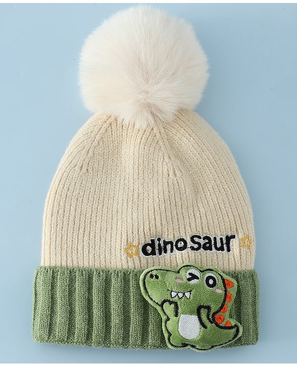 Babyhug Woollen Cap & Muffler With Dino Applique in White - Diameter 16.5 cm