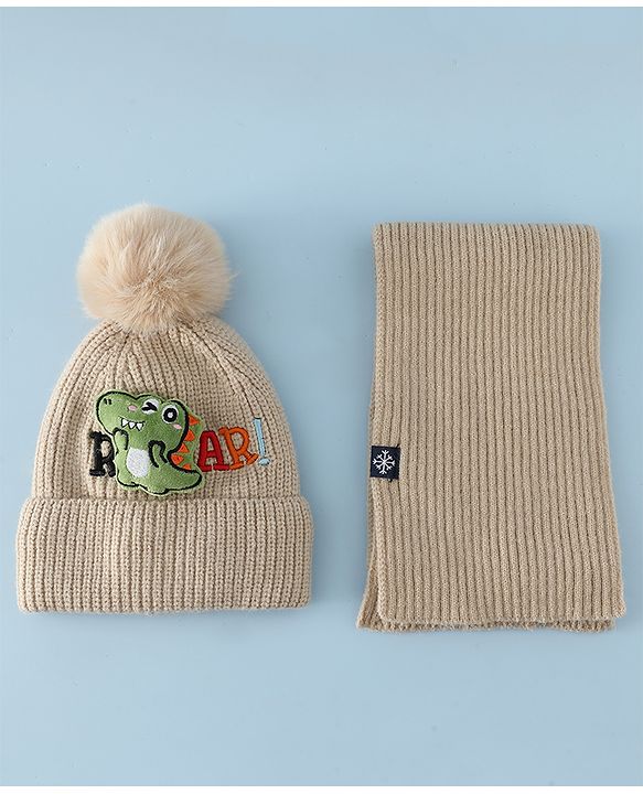 Babyhug Woollen Cap & Muffler With Dino Applique in White - Diameter 16.5 cm