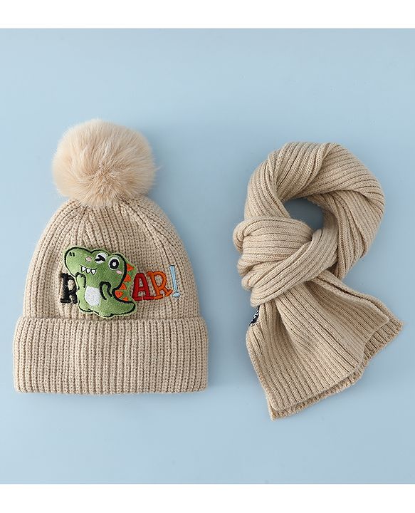 Babyhug Woollen Cap & Muffler With Dino Applique in White - Diameter 16.5 cm