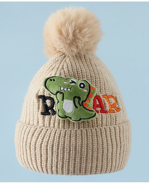 Babyhug Woollen Cap & Muffler With Dino Applique in White - Diameter 16.5 cm
