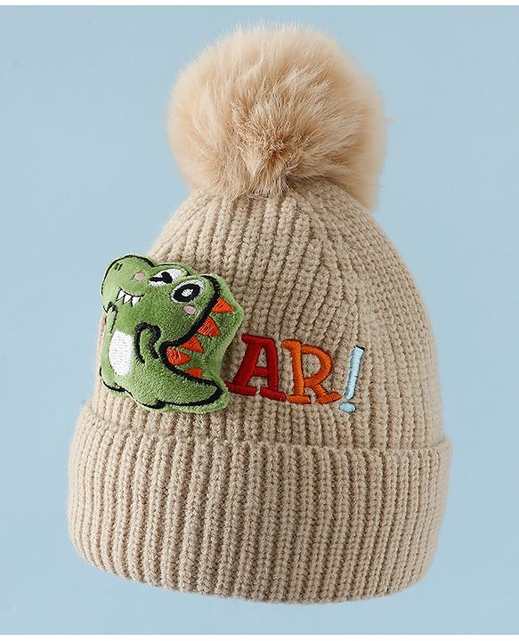 Babyhug Woollen Cap & Muffler With Dino Applique in White - Diameter 16.5 cm