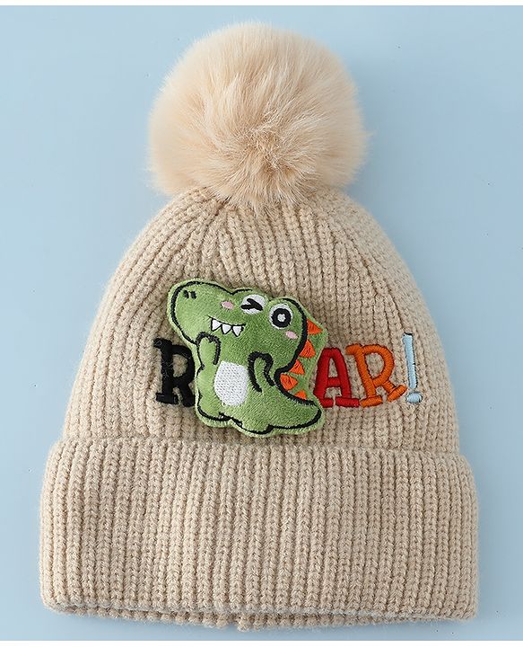 Babyhug Woollen Cap & Muffler With Dino Applique in White - Diameter 16.5 cm