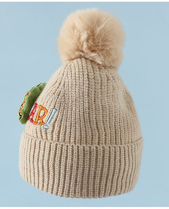 Babyhug Woollen Cap & Muffler With Dino Applique in White - Diameter 16.5 cm