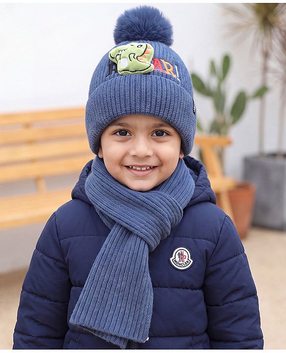 Babyhug Woollen Cap & Muffler With Dino Applique in White - Diameter 16.5 cm