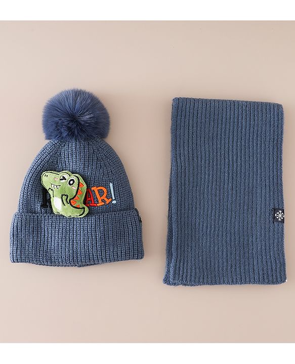 Babyhug Woollen Cap & Muffler With Dino Applique in White - Diameter 16.5 cm
