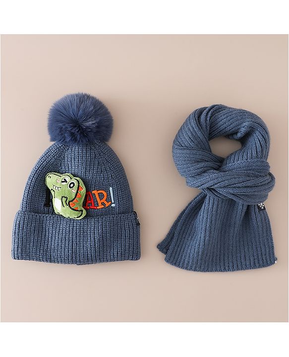 Babyhug Woollen Cap & Muffler With Dino Applique in White - Diameter 16.5 cm