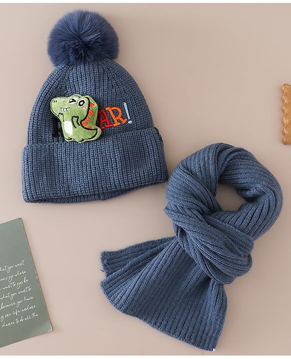 Babyhug Woollen Cap & Muffler With Dino Applique in White - Diameter 16.5 cm