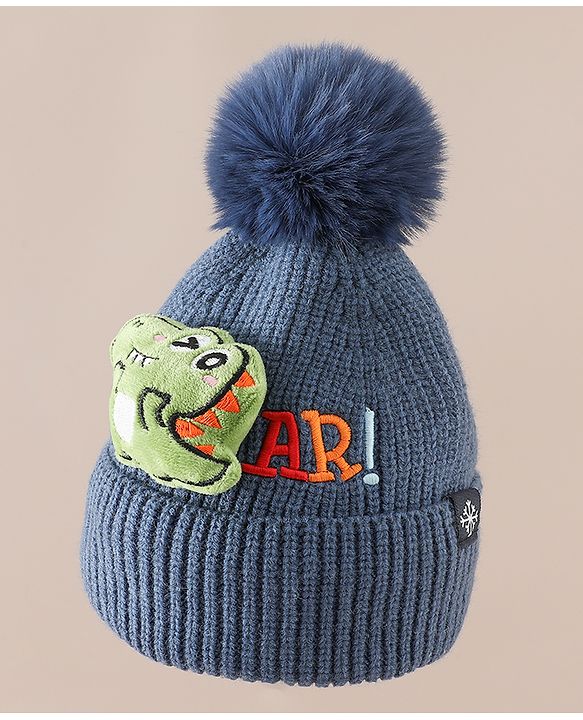 Babyhug Woollen Cap & Muffler With Dino Applique in White - Diameter 16.5 cm