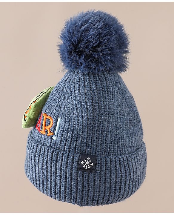 Babyhug Woollen Cap & Muffler With Dino Applique in White - Diameter 16.5 cm