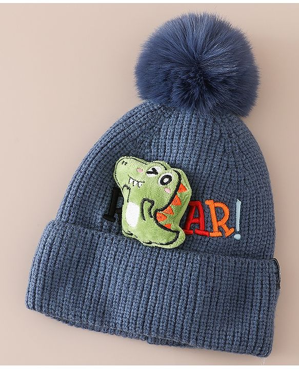 Babyhug Woollen Cap & Muffler With Dino Applique in White - Diameter 16.5 cm