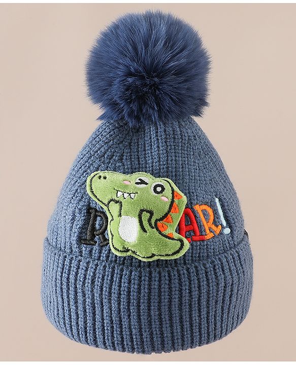 Babyhug Woollen Cap & Muffler With Dino Applique in White - Diameter 16.5 cm