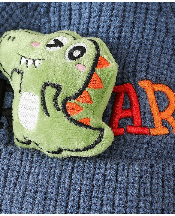 Babyhug Woollen Cap & Muffler With Dino Applique in White - Diameter 16.5 cm