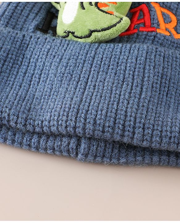 Babyhug Woollen Cap & Muffler With Dino Applique in White - Diameter 16.5 cm