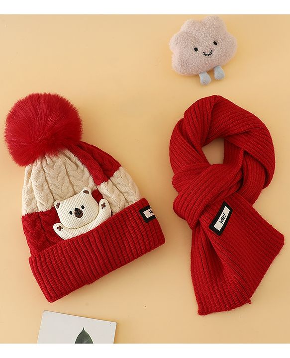 Babyhug Woollen Cap & Muffler With Bear Applique in Red -Diameter 17.5 cm