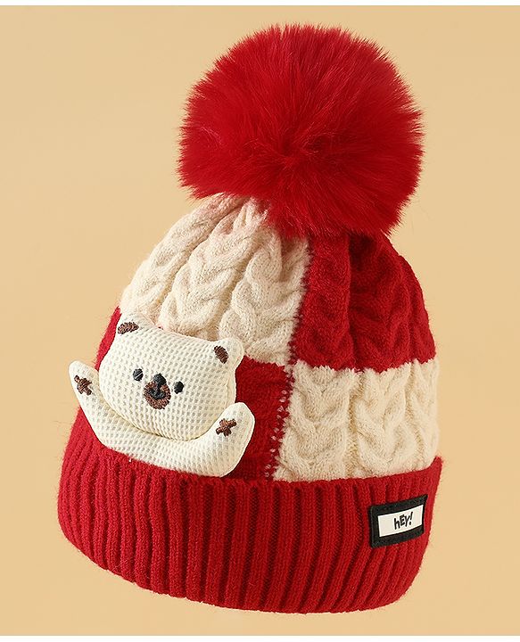 Babyhug Woollen Cap & Muffler With Bear Applique in Red -Diameter 17.5 cm