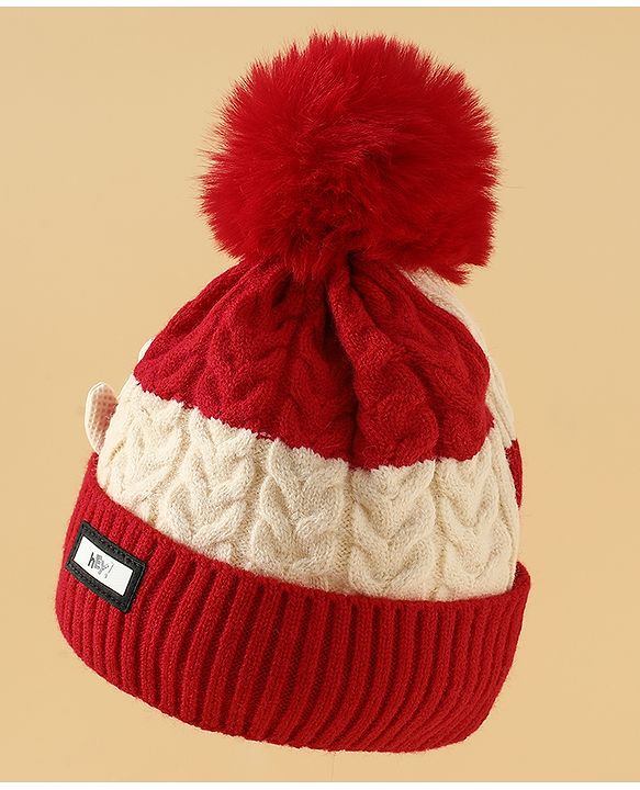 Babyhug Woollen Cap & Muffler With Bear Applique in Red -Diameter 17.5 cm
