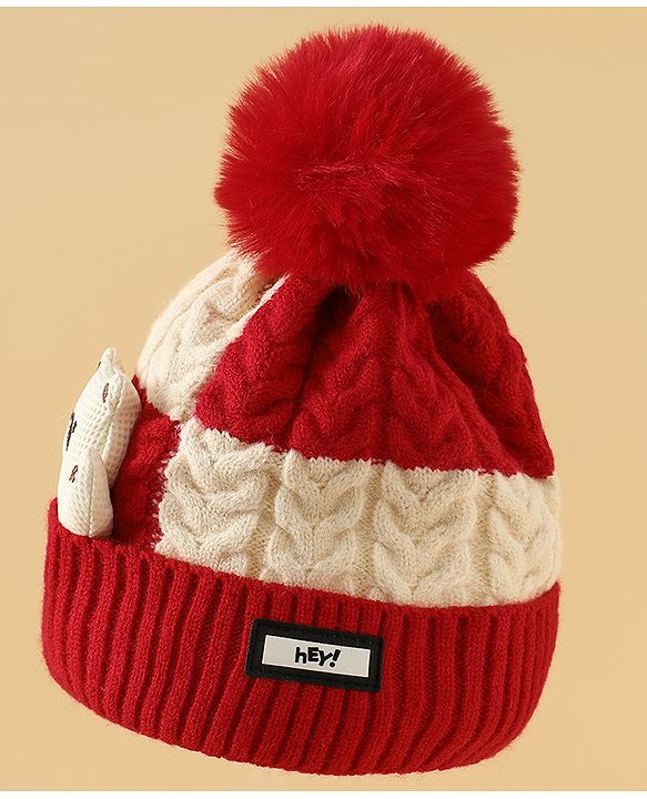 Babyhug Woollen Cap & Muffler With Bear Applique in Red -Diameter 17.5 cm