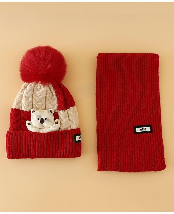 Babyhug Woollen Cap & Muffler With Bear Applique in Red -Diameter 17.5 cm