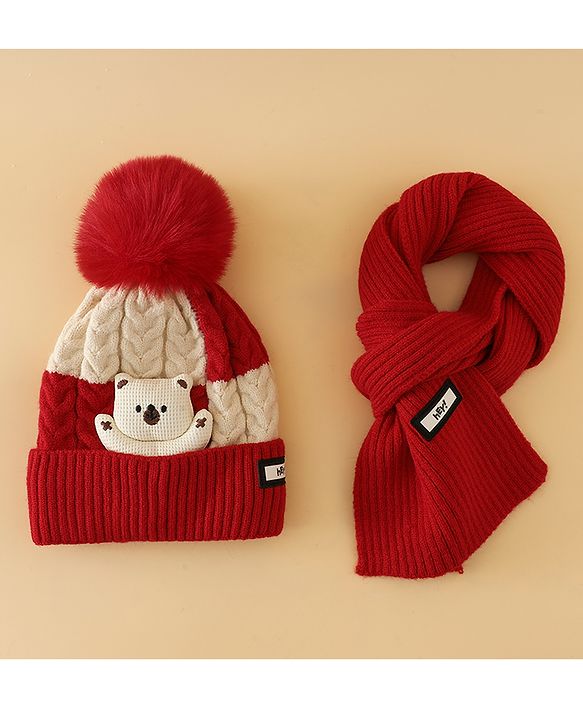 Babyhug Woollen Cap & Muffler With Bear Applique in Red -Diameter 17.5 cm
