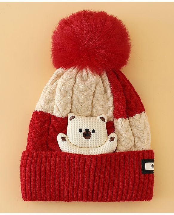 Babyhug Woollen Cap & Muffler With Bear Applique in Red -Diameter 17.5 cm