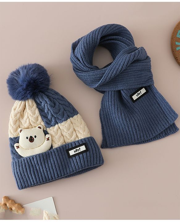 Babyhug Woollen Cap & Muffler With Bear Applique in Red -Diameter 17.5 cm