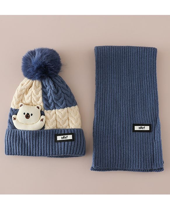 Babyhug Woollen Cap & Muffler With Bear Applique in Red -Diameter 17.5 cm