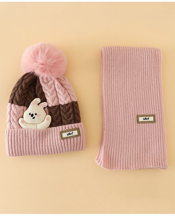 Babyhug Woollen Cap & Muffler With Bear Applique in Red -Diameter 17.5 cm