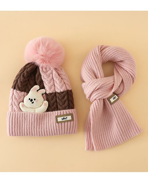 Babyhug Woollen Cap & Muffler With Bear Applique in Red -Diameter 17.5 cm