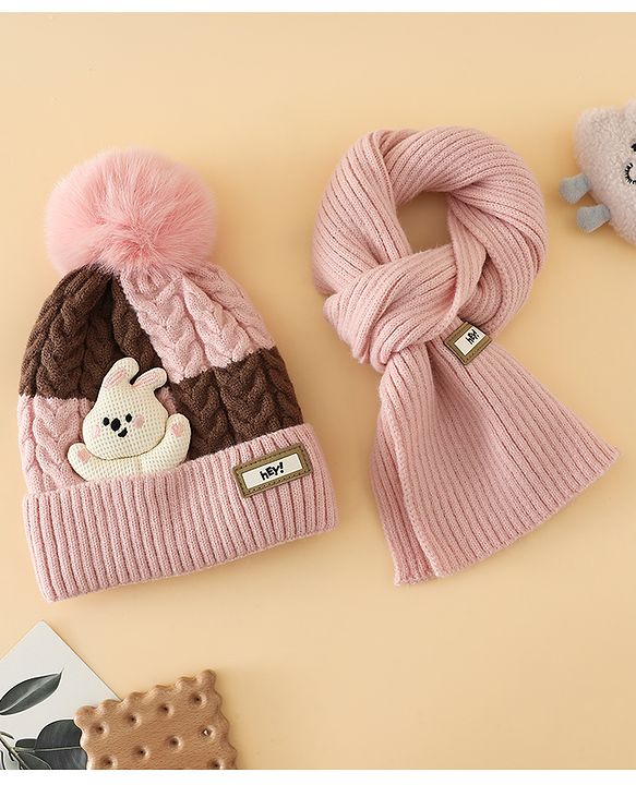 Babyhug Woollen Cap & Muffler With Bear Applique in Red -Diameter 17.5 cm