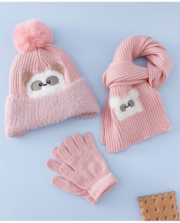Babyhug Woollen Cap & Muffler With Bunny Patch in Pink - Diameter 20 cm