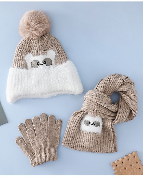 Babyhug Woollen Cap & Muffler With Bunny Patch in Pink - Diameter 20 cm