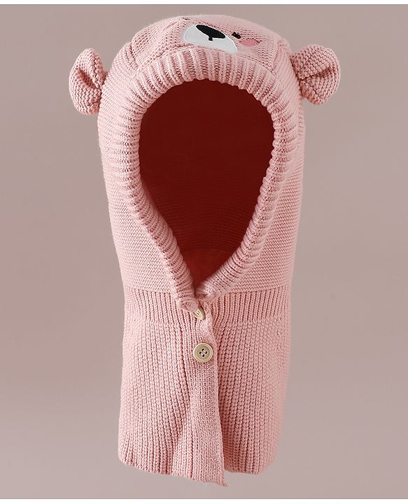 Babyhug Front Open Monkey Cap with Bear Applique & Patch Pink - Diameter 28.5 cm